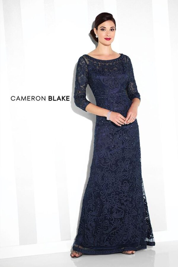 115604 Cameron Blake Mother of the Bride or Groom dress with three quarter sleeve in navy
