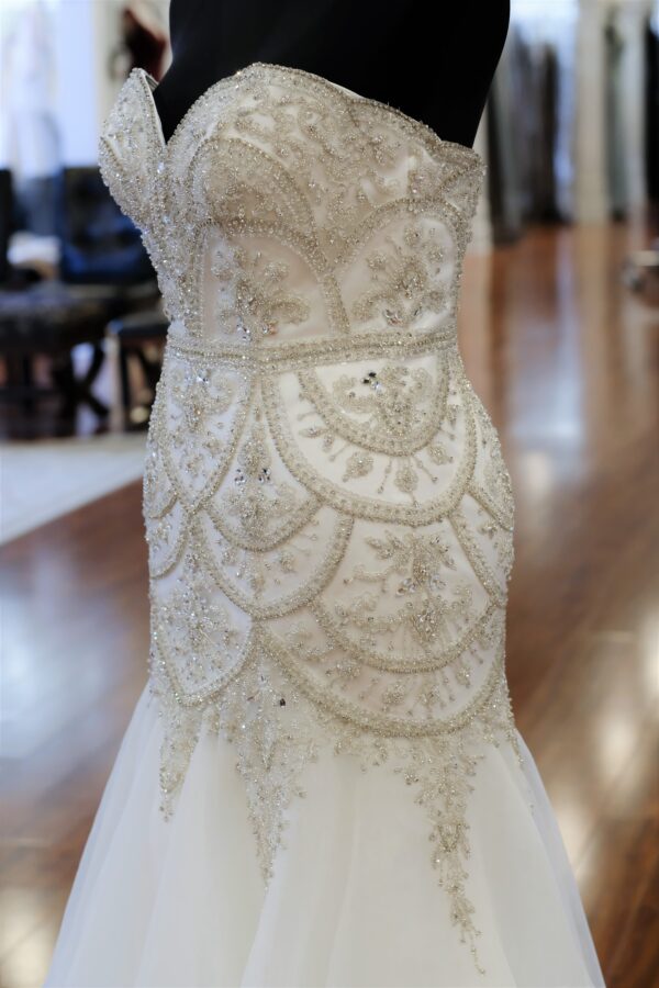 Close up 3/4 view of Isla wedding dress by Val Stephani