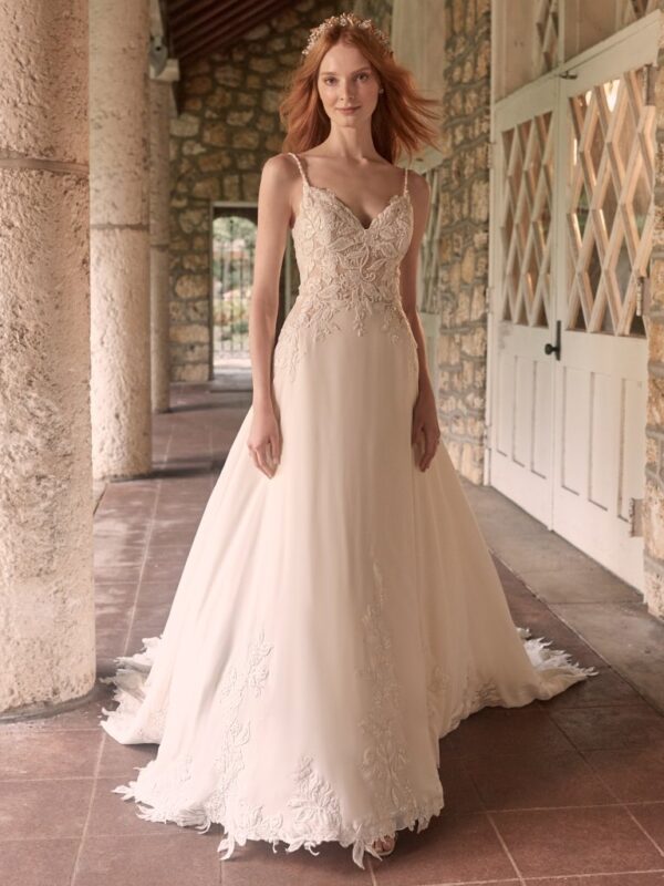 Livvy by Maggie Sottero chiffon a-line wedding dress front view