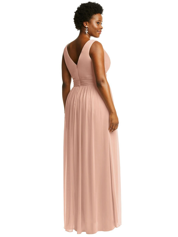2894 by Dessy After Six SLEEVELESS DRAPED CHIFFON MAXI DRESS WITH FRONT SLIT IN PALE PEACH bridesmaid dress wedding guest dresses back view