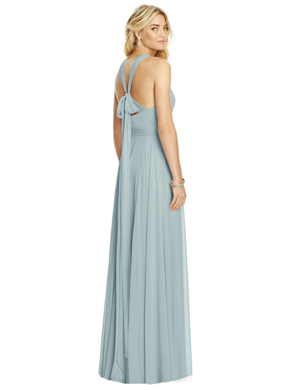 6760 by Dessy After Six cross strap open back halter maxi bridesmaid dress