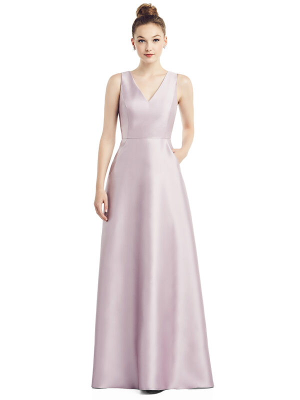 D778 by Alfred Sung sleeveless v-neck satin bridesmaid dress with pockets bridesmaid dresses satin dress wedding guest dresses front view