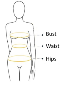 model of measuring for dress showing bust waist and hips for Bari Jay, Sorella Vita, Dessy, Christina Wu, Dessy, Alfred Sung Size Chart