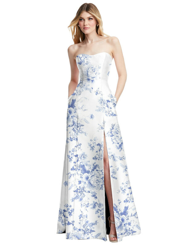 D842FP by Alfred Sung STRAPLESS A-LINE FLORAL SATIN BRIDESAID DRESS WITH MODERN BOW DETAIL wedding guess dresses long dresses with slit long strapless dress front view