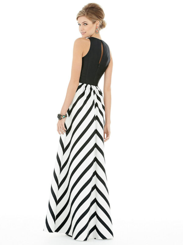 D707P by Alfred Sung Sleeveless Striped Skirt Maxi Bridesmaid Dresses with pockets wedding guest dresses back view