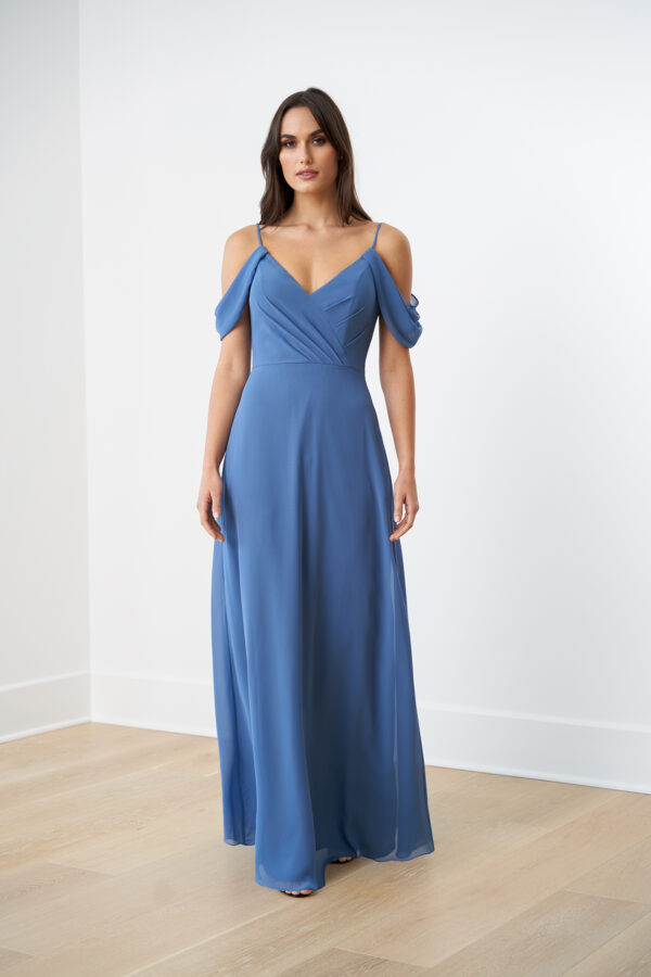 B253056 by B2 Jasmine Poly Chiffon A-line Bridesmaid Dress with Asymmetrical Pleated V-Neckline and Cowl Swag Sleeves bridesmaid dresses wedding guest dress pretty blue dress front view