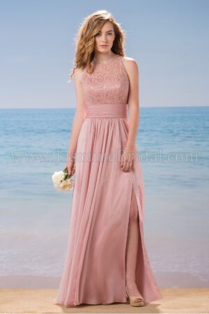 L184015 by B2 Jasmine Long Jewel Neckline Lace & Belsoie Tiffany Chiffon Bridesmaid Dress with Slit
