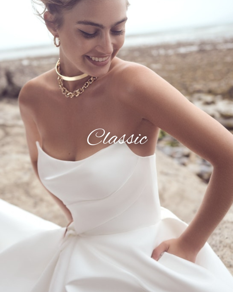 classic wedding dress vibe, style description