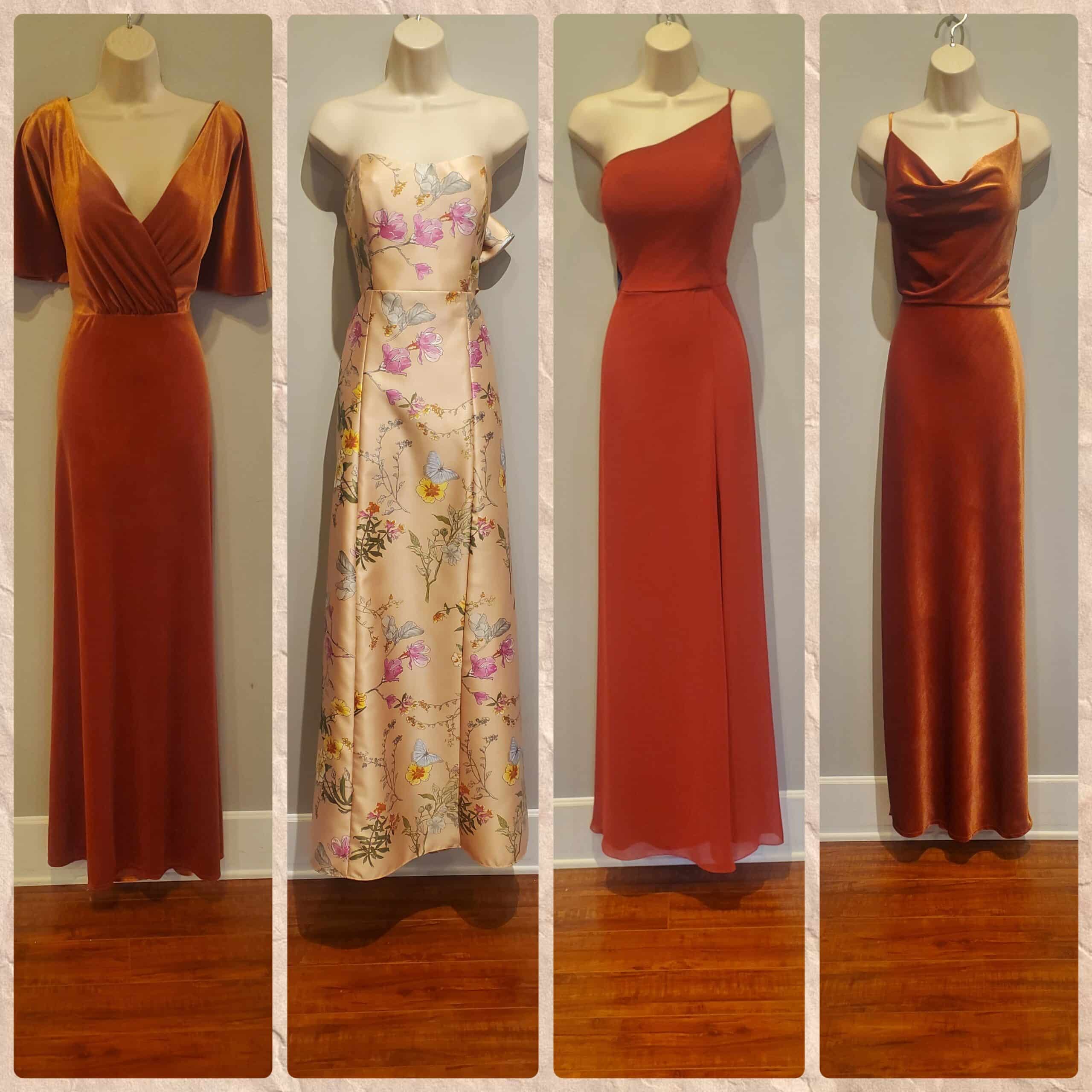 Fall Colors for weddings shown here are burnt orange bridesmaid dresses called rust by Sorella Vita