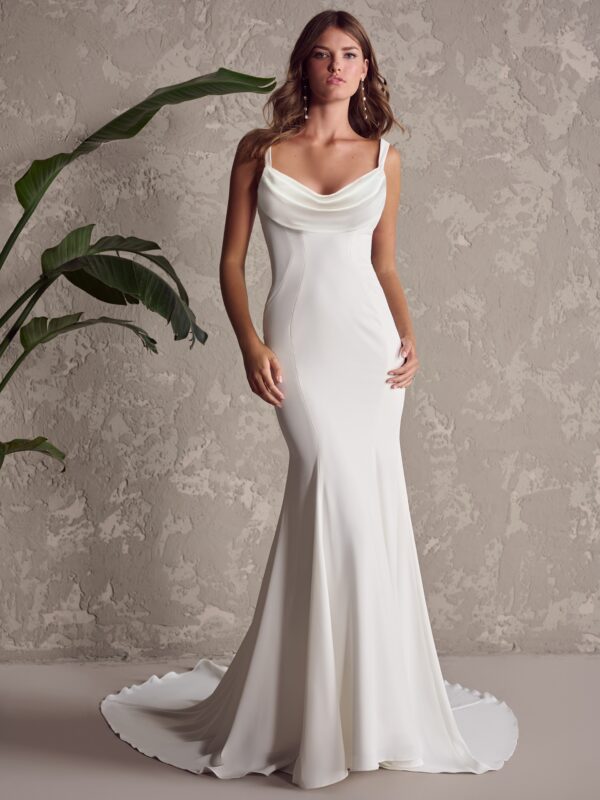Loving the minimalist trend? This cowl neckline wedding dress proves "sexy and effortless" is all you need for an unforgettable celebration vibe.