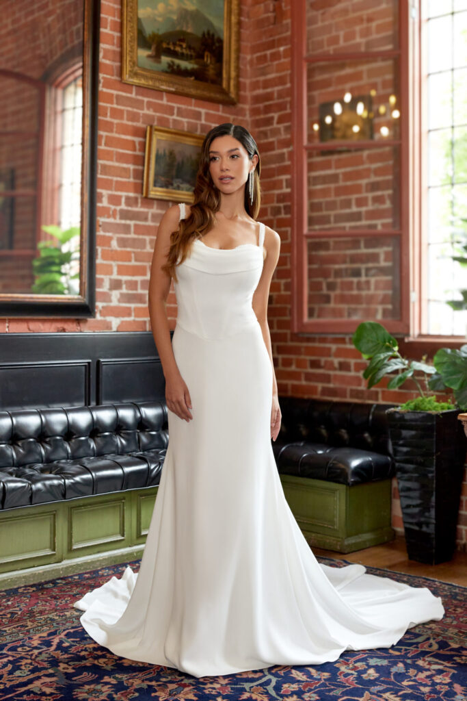 D4190 crepe wedding dress by essense of australia available at Precious Memories, Malden serving Boston brides for over 30 years