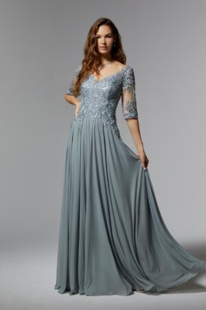 71805 by MGNY Morilee - Stretch Mesh Special Occasion Dress with Beaded, Metallic Lace Appliqués