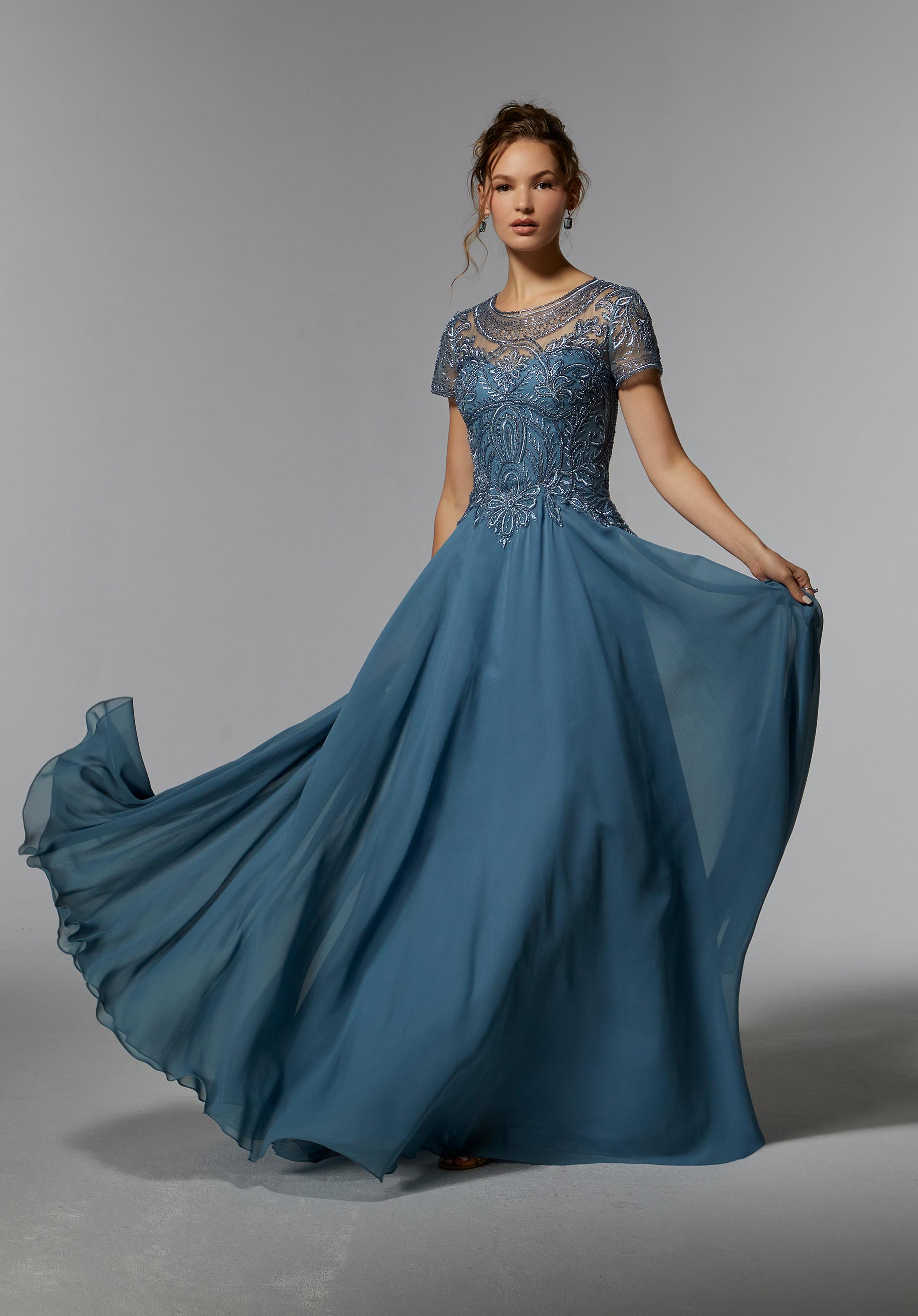 71824 by MGNY Morilee - Chiffon Evening Gown with Beaded Embroidery on a Net Bodice