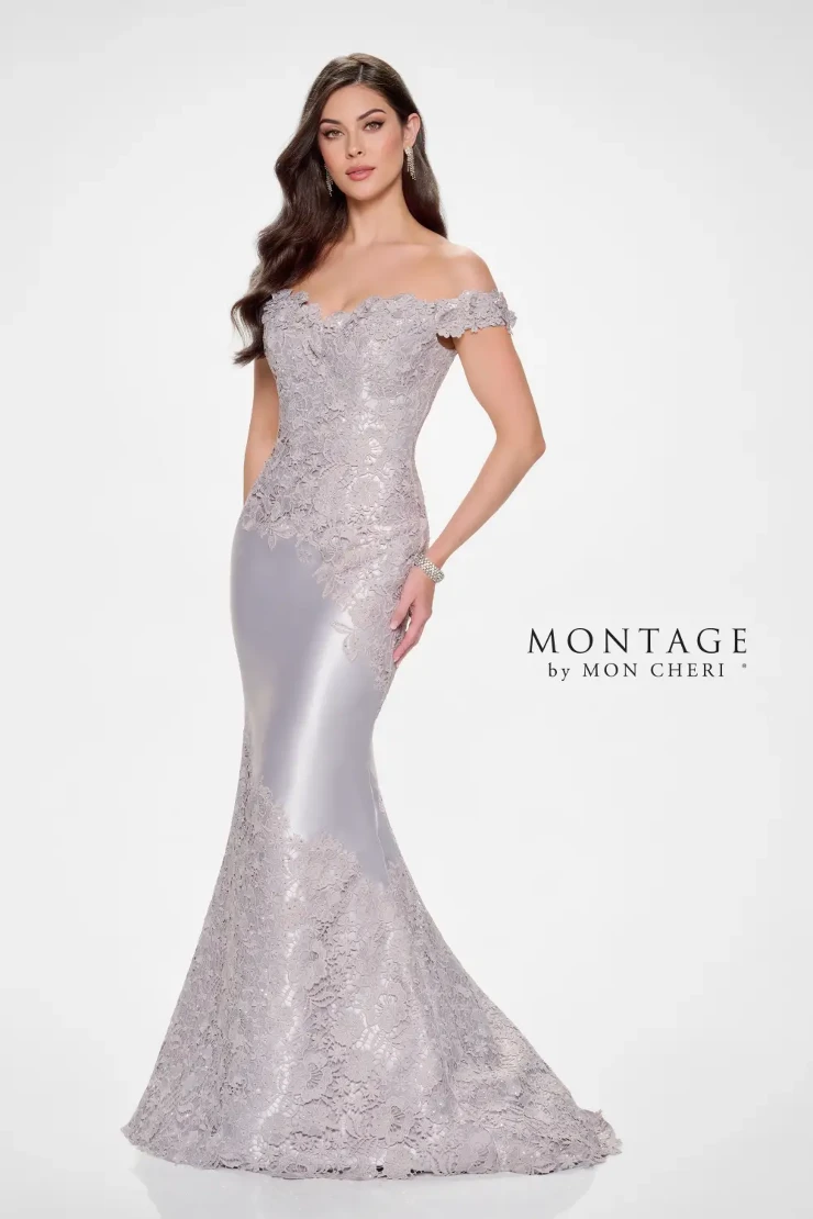 M846 Montage mother of the bride dress full view gray