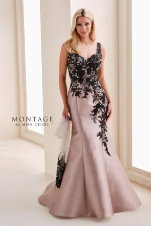 M4212 Mikado Sweetheart Mermaid Gown by Montage w/ Peplum Bodice for Mother of the bride or groom at Precious Memories Shown in Taupe with Black lace front view