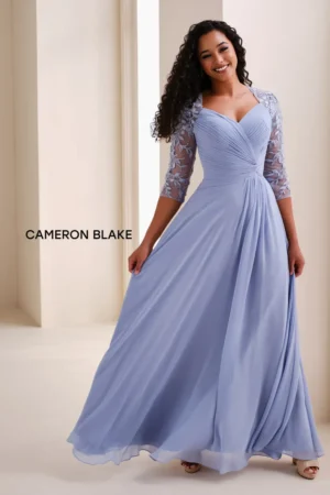 cb824 chiffon long lace sleeve mother of the bride or groom dress by Cameron Blake shown in powder blue
