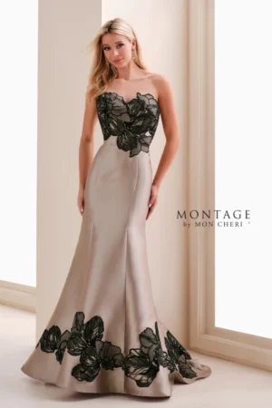 M841 Montage Mikado with Lace Mermaid Mother of the bride or groom dress taupe with black