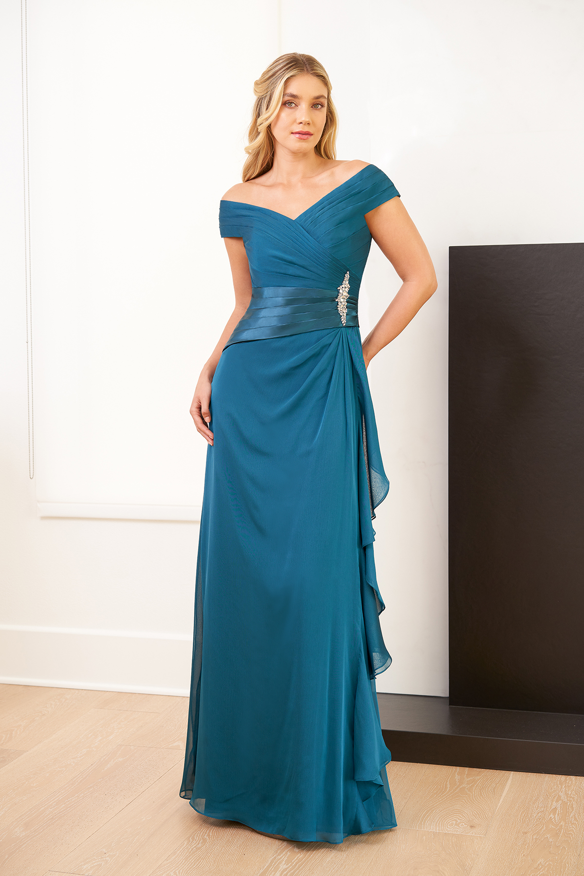 Style J1161 By Jade for Jasmine Bridal Mother of the Bride or Groom Tiffany Chiffon and Chameuse Satin Off-Shoulder A-line Gown At Precious Memories, Malden