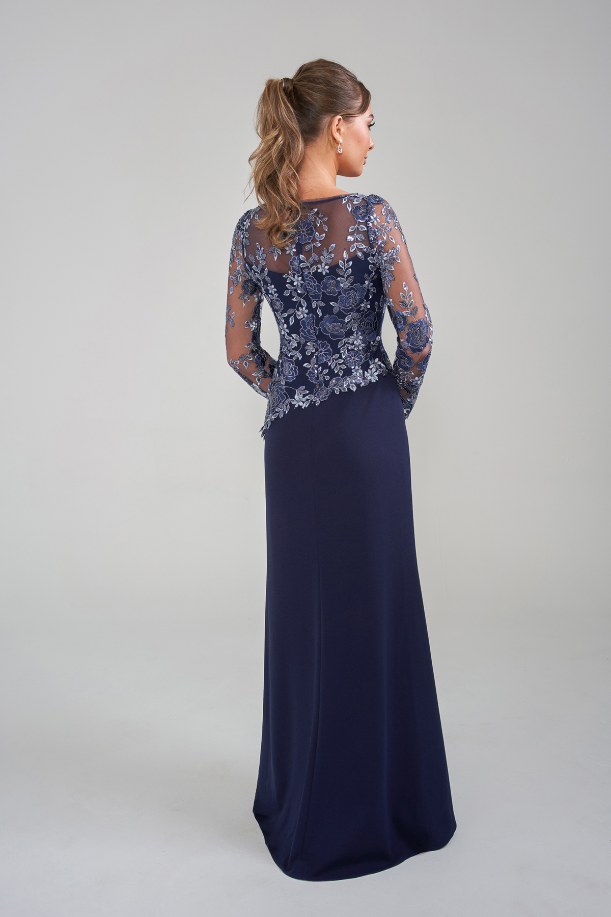 k288011 Jade Couture embroidery and crepe long sleeve mother of the bride or groom dress back view