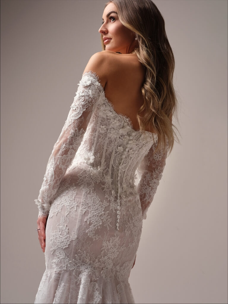 Takera by Maggie Sottero Mermaid Lace Wedding Dress Back View Close Up