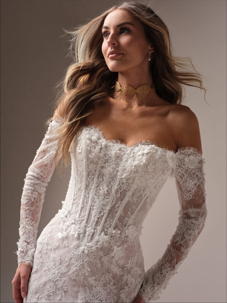 Takera by Maggie Sottero Mermaid Lace Wedding Dress Close up View