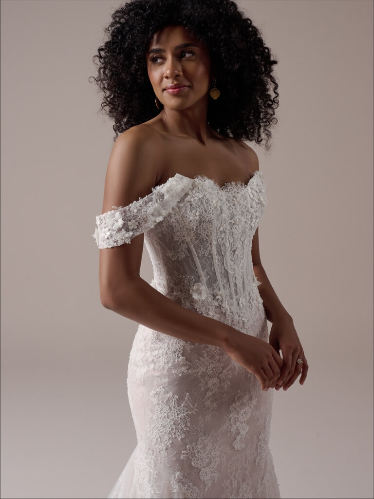 Takera by Maggie Sottero Mermaid Lace Wedding Dress strapless View with detachable sleeves