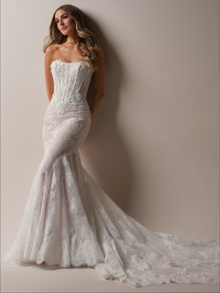 Takera by Maggie Sottero Mermaid Lace Wedding Dress Full View Strapless Version