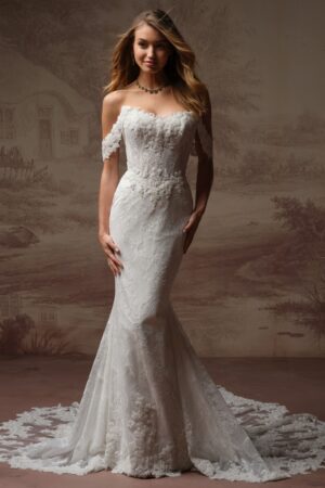 Collette by Maggie Sottero Romantic beaded lace motifs over Chantilly lace wedding dress with sleeve option