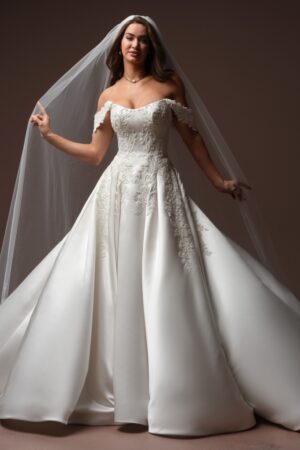 Landis Wedding Dress by Maggie Sottero Satin Ballgown full view with matching veil and sleeve option