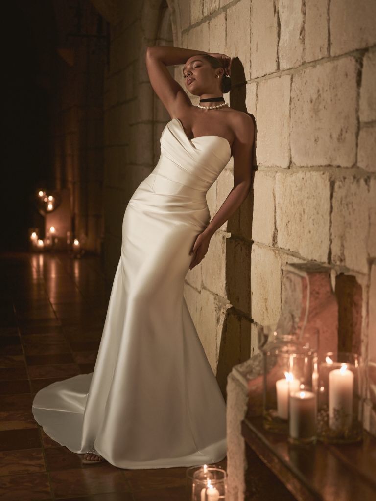 Giselle Lane by Sottero and Midgley, a division of Maggie Sottero, satin draped wedding dress editorial view