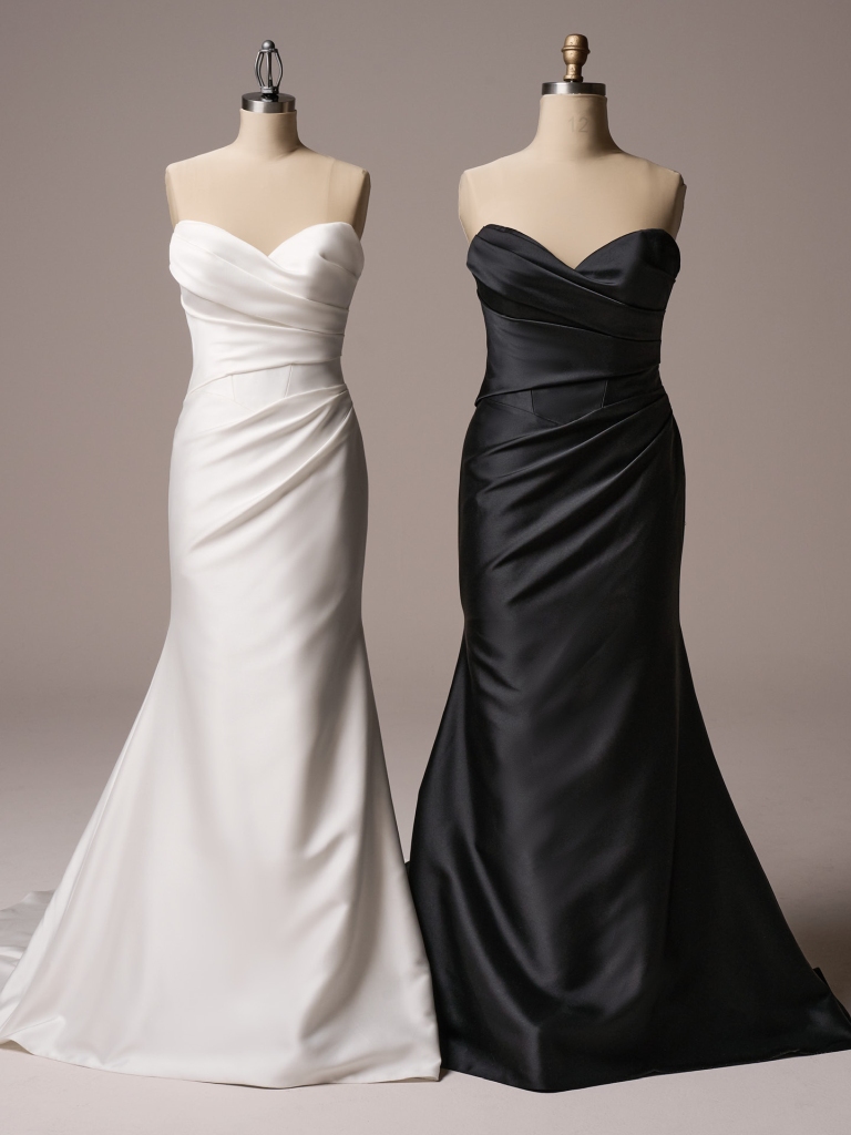 Giselle Lane by Sottero and Midgley, a division of Maggie Sottero, satin draped wedding dress, shown in ivory and black