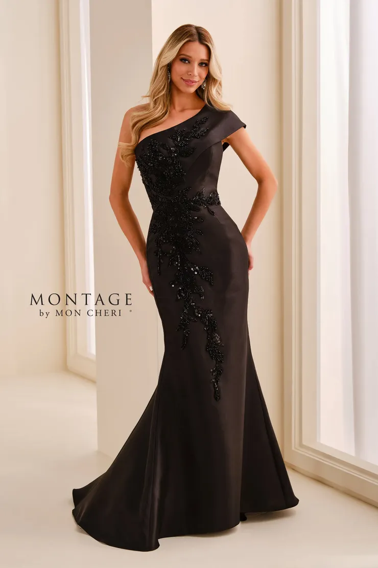 M3222 by Montage Mikado one shoulder mother of the bride or groom dress shown in black