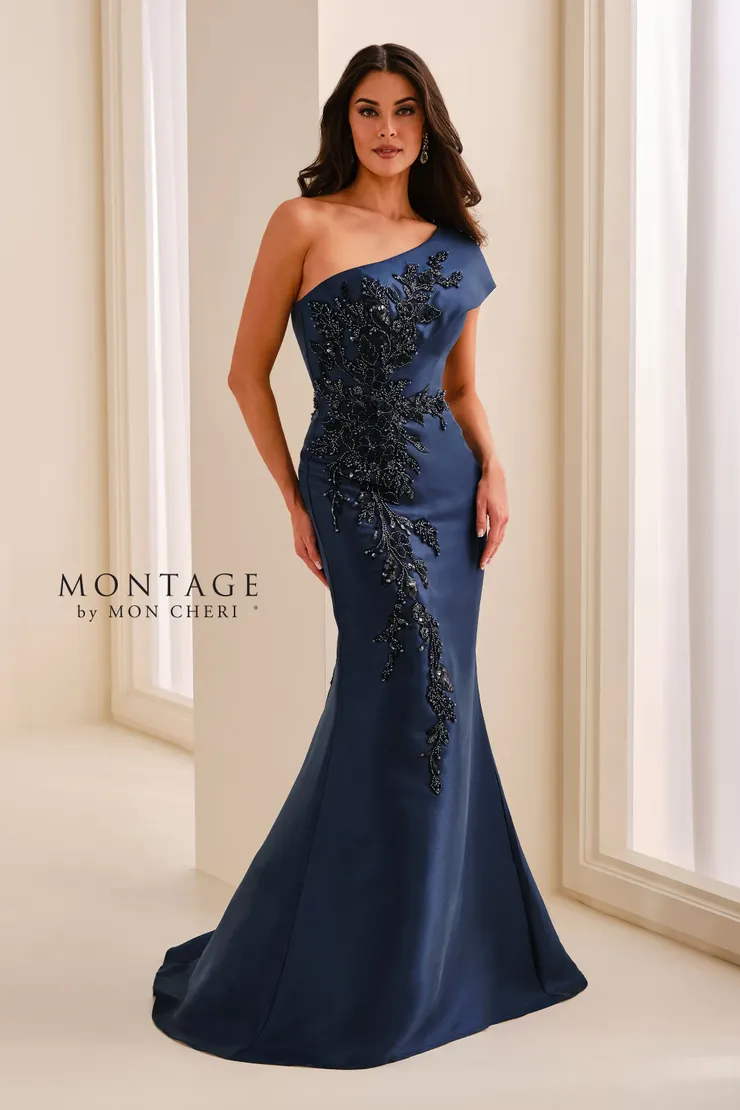 M3222 by Montage Mikado one shoulder mother of the bride or groom dress shown in Navy Blue