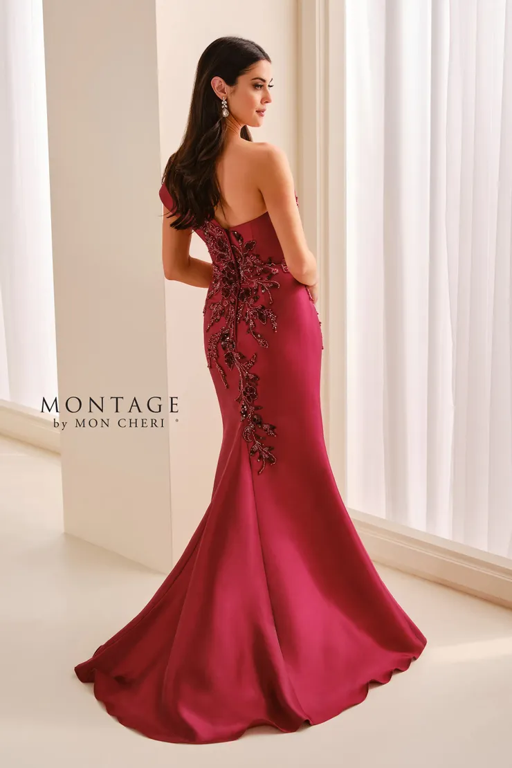 M3222 by Montage Mikado one shoulder mother of the bride or groom dress shown in wine back view