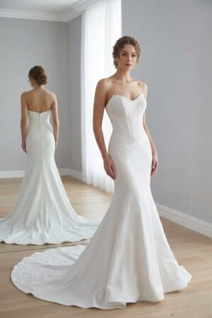 Lynette by KC COUTURE matte satin fit and flare shown without wrap