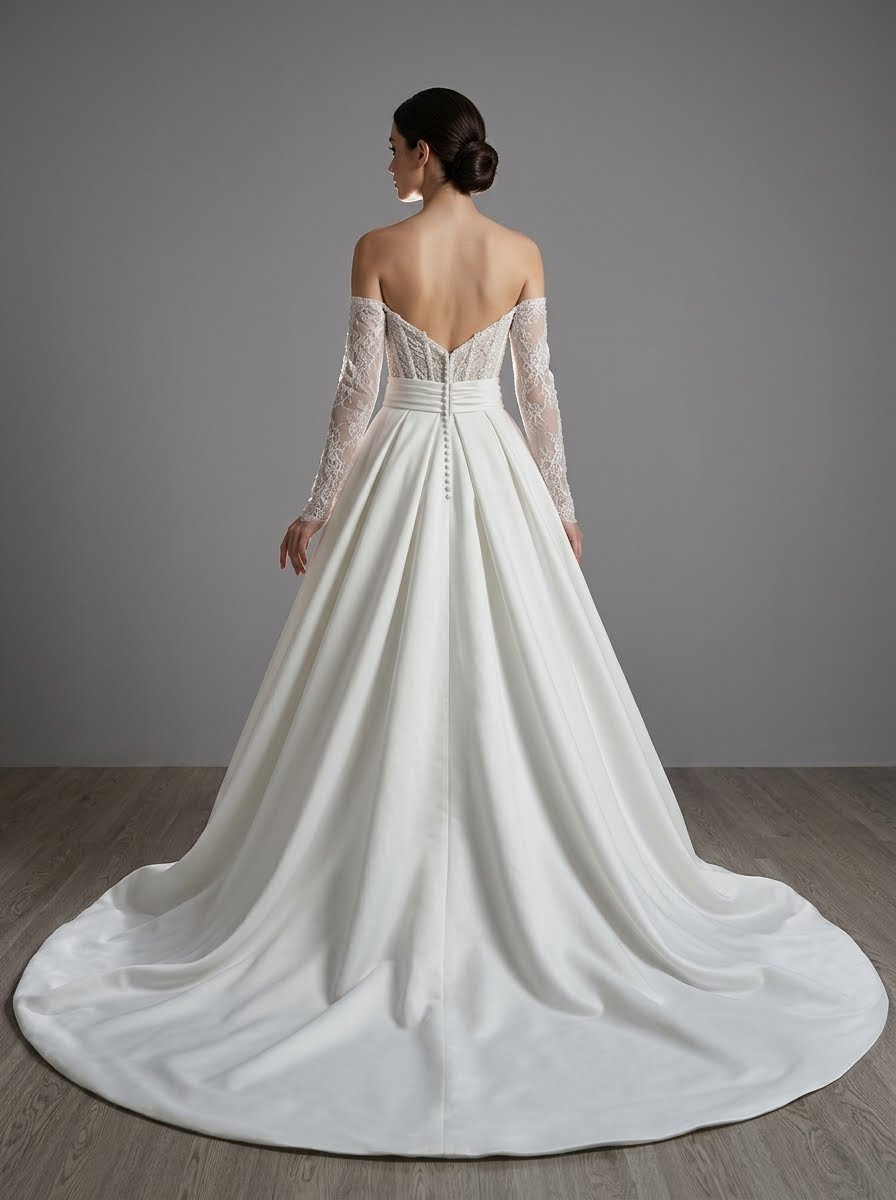 Abby by KC Couture short wedding dress with long sleeves with satin overskirt and short dress underneath back view