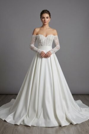 Abby by KC Couture short wedding dress with long sleeves with satin overskirt and short dress underneath