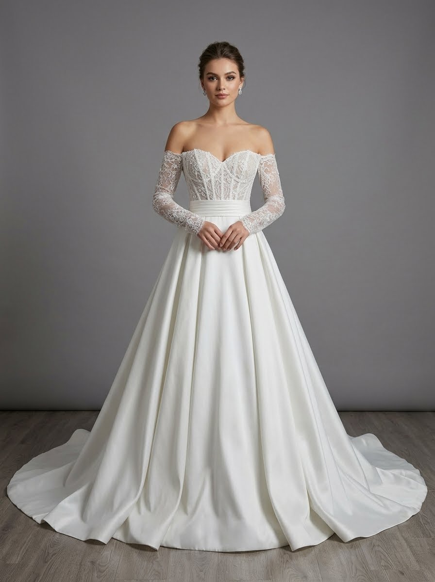 Abby by KC Couture short wedding dress with long sleeves with satin overskirt and short dress underneath