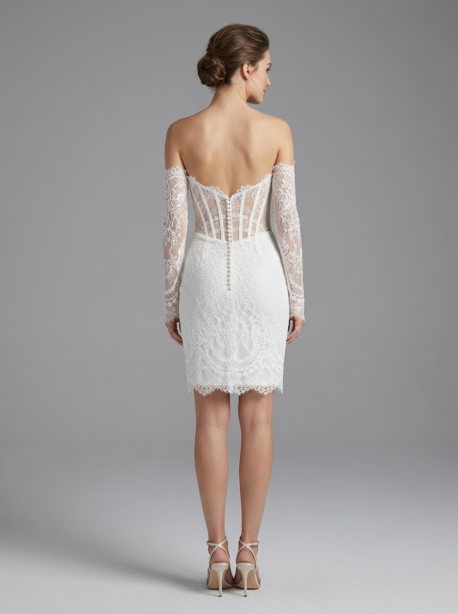 Abby by KC Couture short wedding dress with long sleeves back view