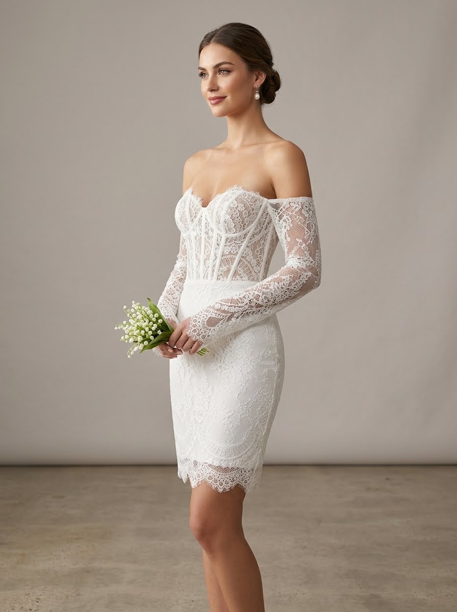 Abby by KC Couture short wedding dress with long sleeves