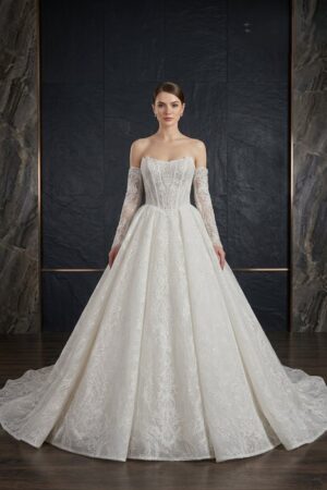 Anna Lace Ball Gown Wedding Dress by KC Couture at Precious Memories in Malden, MA with detachable sleeve option