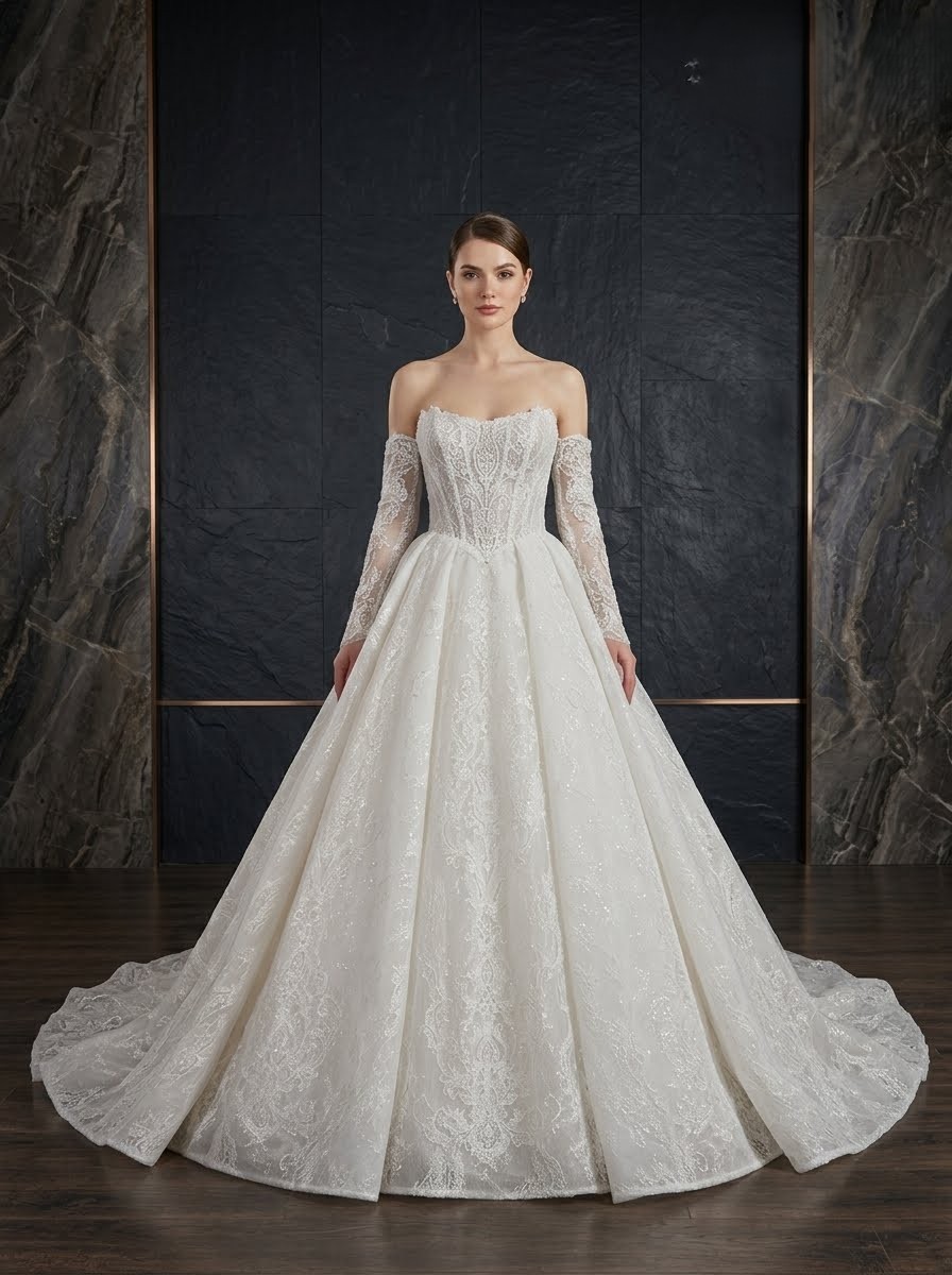 Anna Lace Ball Gown Wedding Dress by KC Couture at Precious Memories in Malden, MA with detachable sleeve option