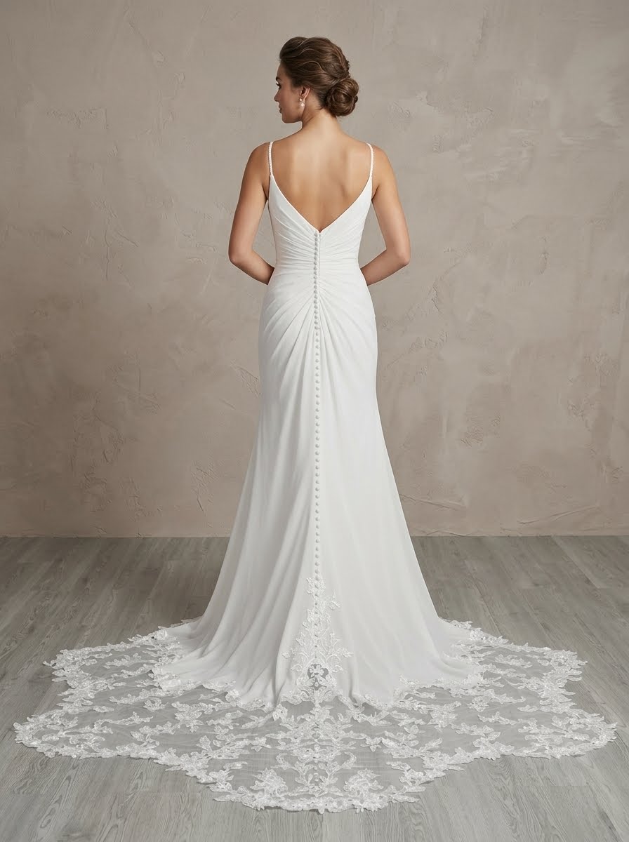 Athena Chiffon spagetti strap draped Wedding Dress with amazing lace detao;ed train by Kc Couture at Precious Memories, Malden back view