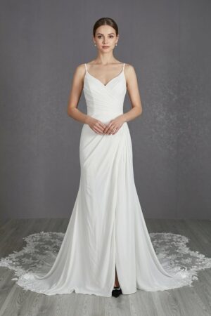 Athena Chiffon spagetti strap draped Wedding Dress with amazing lace detao;ed train by Kc Couture at Precious Memories, Malden