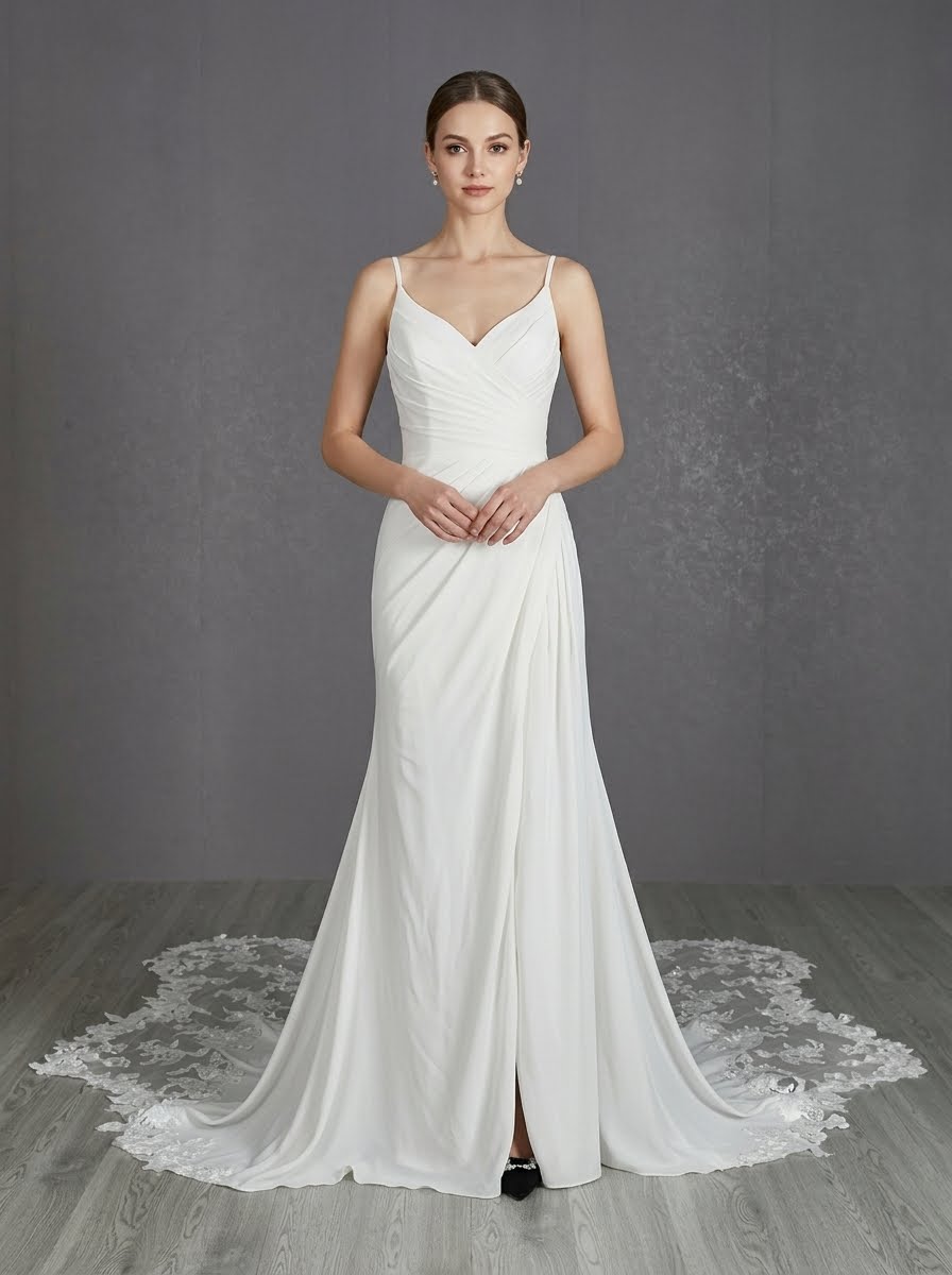 Athena Chiffon spagetti strap draped Wedding Dress with amazing lace detao;ed train by Kc Couture at Precious Memories, Malden