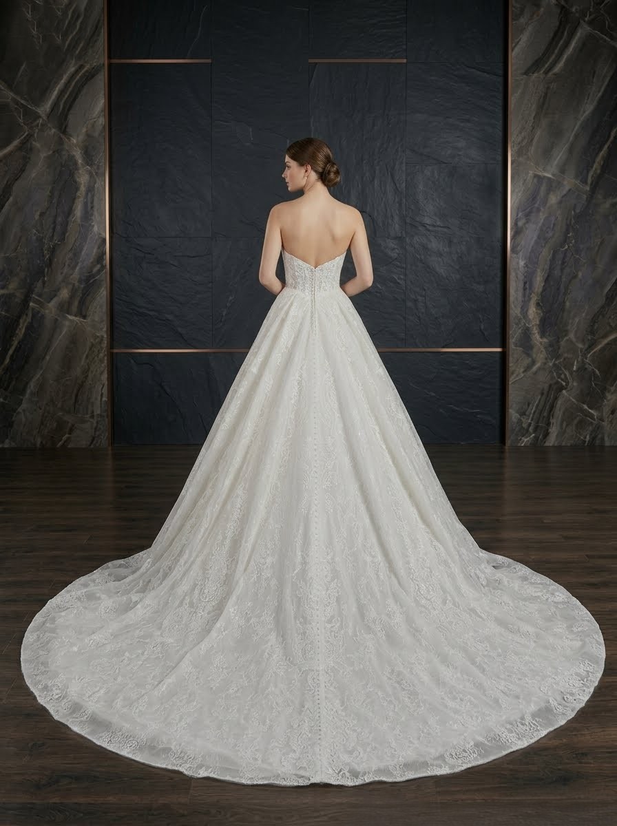Anna Lace Ball Gown Wedding Dress by KC Couture at Precious Memories in Malden, MA back view