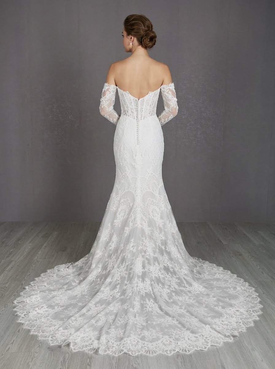 Cecilia Lace off the shoulder long sleeve Wedding Dress by Kc Couture at Precious Memories, Malden back view