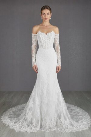 Cecilia Lace off the shoulder long sleeve Wedding Dress by Kc Couture at Precious Memories, Malden