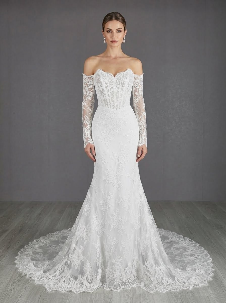 Cecilia Lace off the shoulder long sleeve Wedding Dress by Kc Couture at Precious Memories, Malden