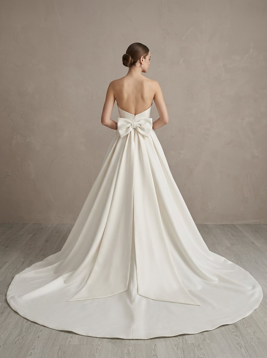 Charlotte strapless sleek matte satin fit and flare Wedding Dress by Kc Couture at Precious Memories, Malden with detachable skirt back view